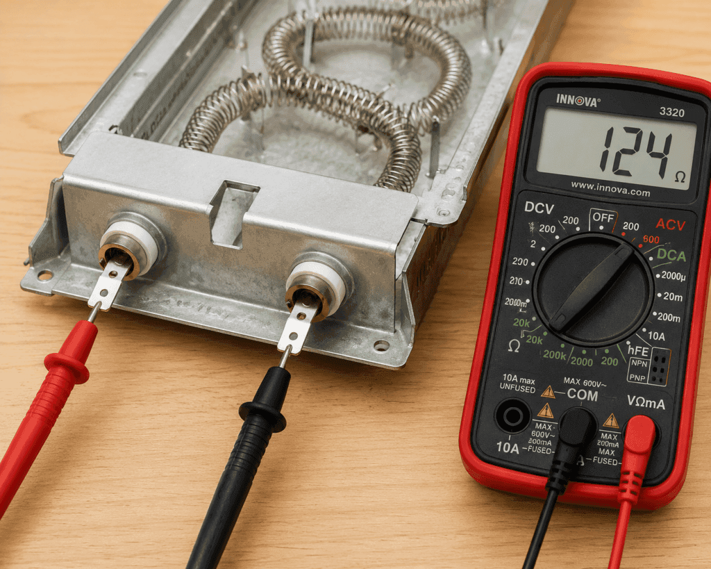 Digital multimeter probes connected to the two terminals of a dryer heating element for resistance (ohms) testing.