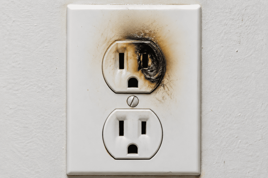 Electrical outlet with burn marks indicating a faulty outlet caused by overheating or electrical damage.