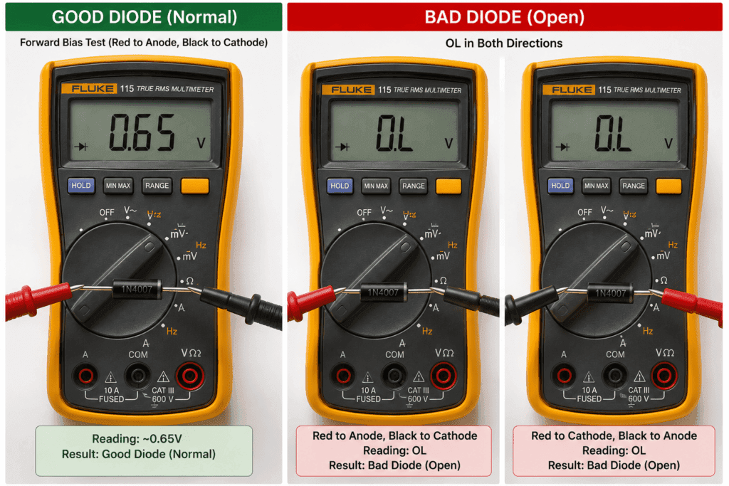 Side-by-side comparison of digital multimeter diode test results showing a good diode with a 0.65 V forward voltage reading and a bad open diode displaying OL.
