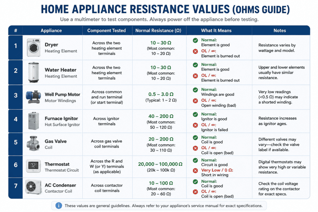 Resistance values chart for home appliances showing normal ohm readings for dryer heating element, water heater element, well pump motor, furnace ignitor, gas valve coil, thermostat, and air conditioner condenser fan motor.
