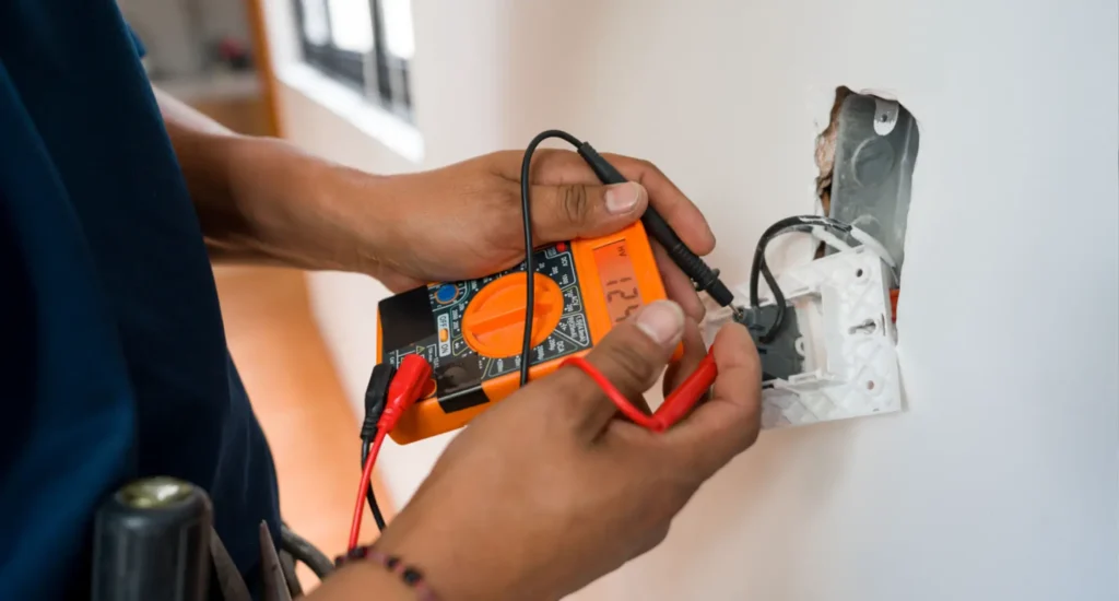 Electrician using a digital multimeter to test a wall outlet with the red probe in the hot slot and the black probe in the neutral slot for a safe voltage check.