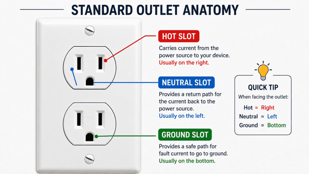 Labeled diagram of a standard electrical outlet showing the hot slot, neutral slot, and ground slot for safe multimeter testing.