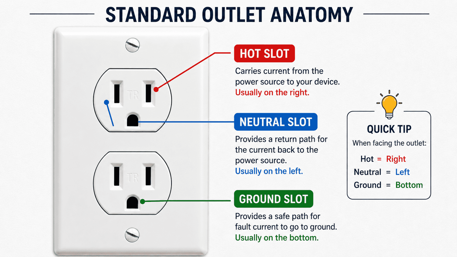 Labeled diagram of a standard electrical outlet showing the hot slot, neutral slot, and ground slot for safe multimeter testing.