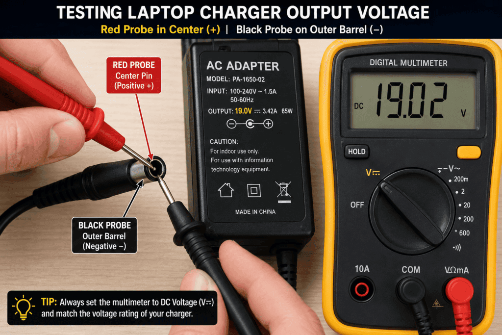 Digital multimeter probes testing a laptop charger DC barrel connector with the red probe in the center pin and the black probe on the outer barrel to measure output voltage.