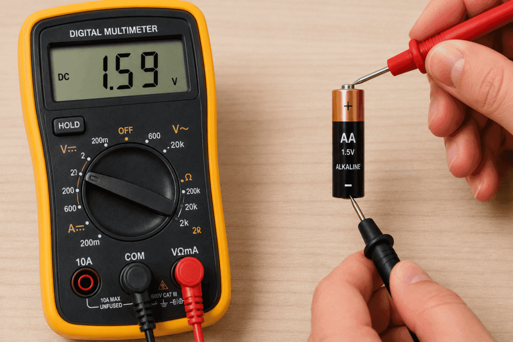 Digital multimeter probes touching the positive and negative terminals of a fresh AA battery during a basic multimeter calibration self-check.