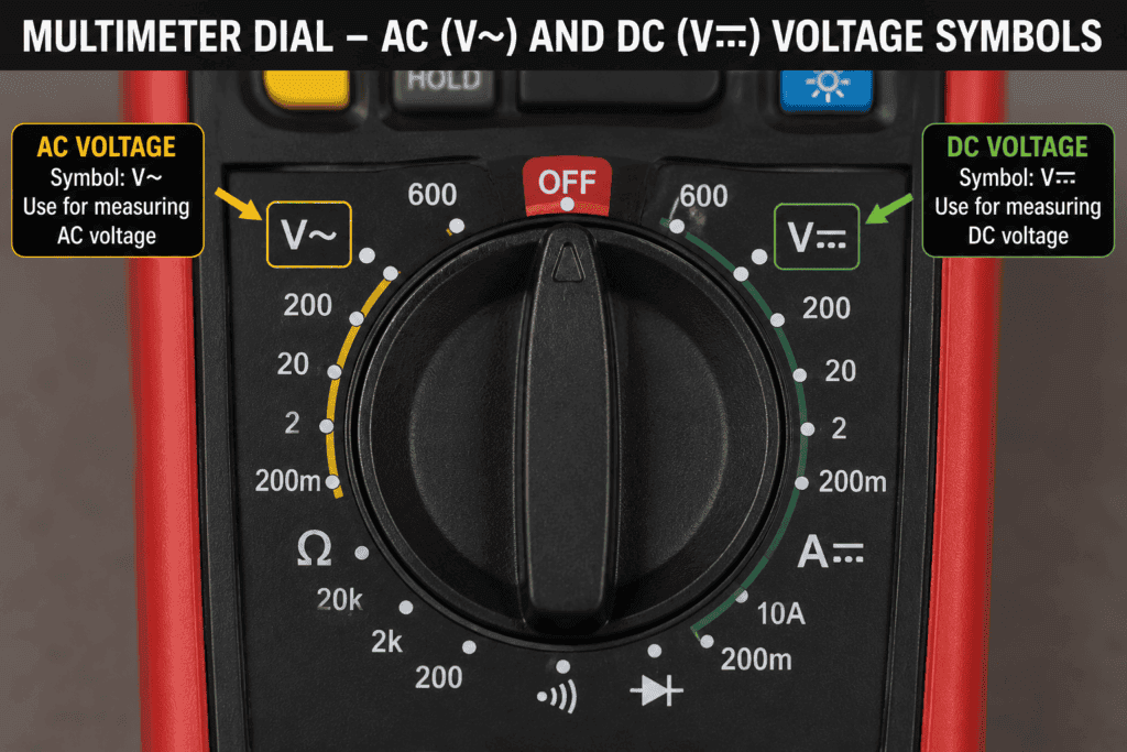 Close-up of a digital multimeter dial showing the AC voltage (V~) and DC voltage (V⎓) symbols used for voltage measurement.