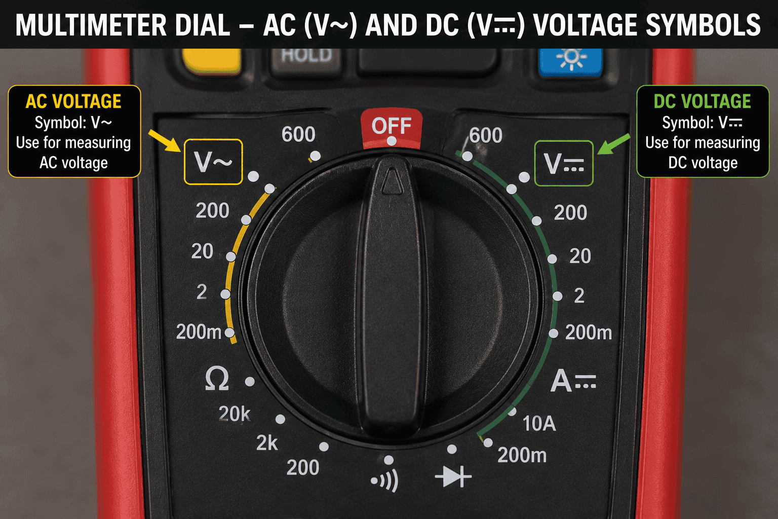 Close-up of a digital multimeter dial showing the AC voltage (V~) and DC voltage (V⎓) symbols used for voltage measurement.