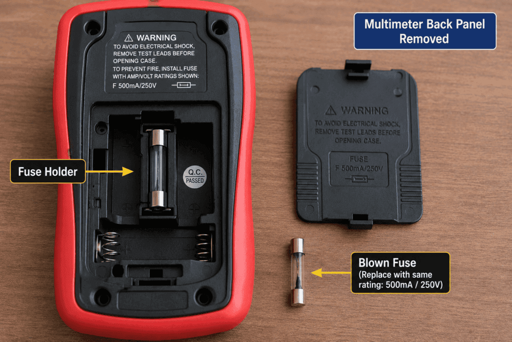 Digital multimeter with the back panel removed showing the internal fuse holder and a blown fuse ready for replacement.