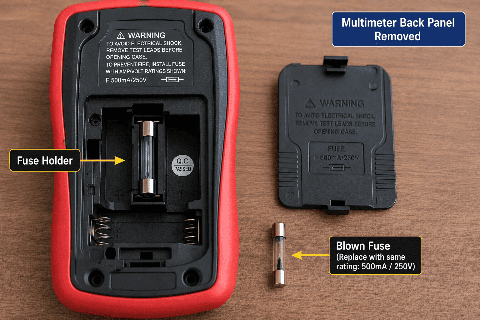 Digital multimeter with the back panel removed showing the internal fuse holder and a blown fuse ready for replacement.