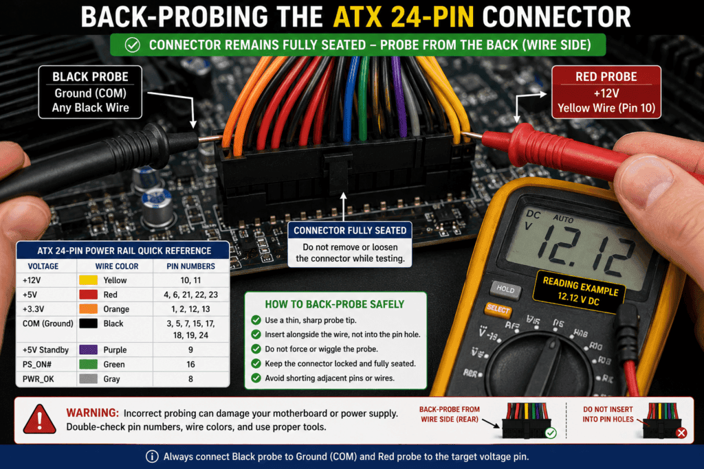 Multimeter back-probing technique showing a probe inserted alongside an ATX 24-pin connector wire while the connector remains plugged in for live voltage testing.
