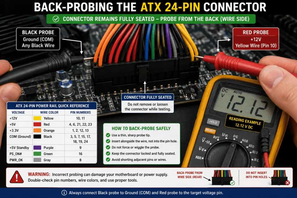 Multimeter back-probing technique showing a probe inserted alongside an ATX 24-pin connector wire while the connector remains plugged in for live voltage testing.