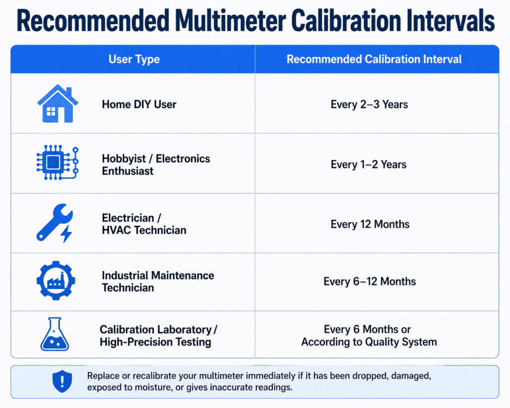 Multimeter calibration interval chart showing recommended calibration frequency for home users, hobbyists, electricians, industrial technicians, and calibration laboratories.