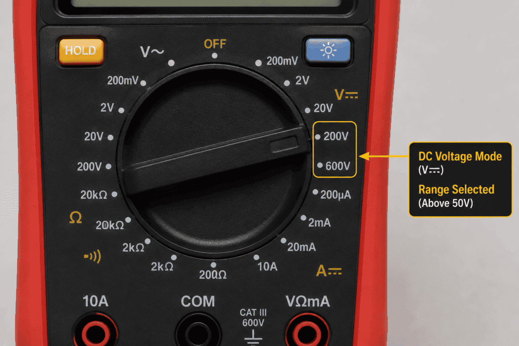 Close-up of a digital multimeter dial set to DC voltage (V⎓) mode with a voltage range above 50V selected for solar panel voltage testing.