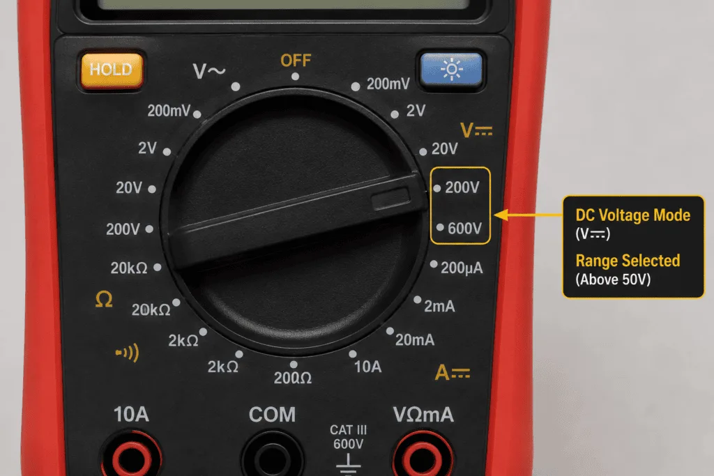 Close-up of a digital multimeter dial set to DC voltage (V⎓) mode with a voltage range above 50V selected for solar panel voltage testing.