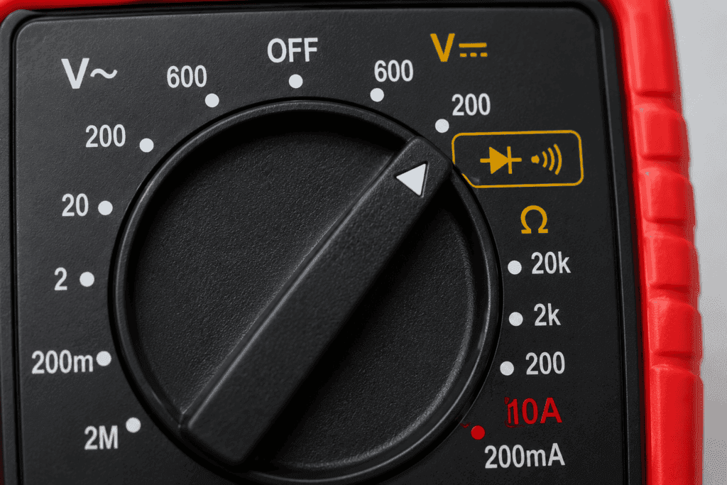 Close-up of a digital multimeter dial showing the diode test symbol used for testing diodes with a multimeter.