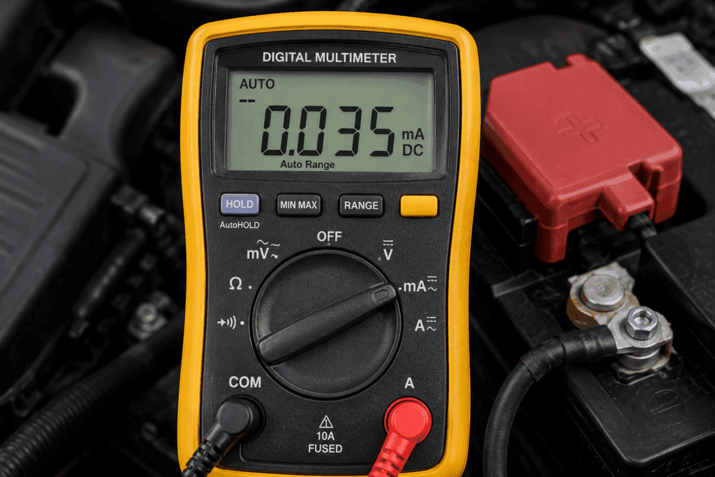 Close-up of a digital multimeter display showing a milliamps reading during a car parasitic battery draw test.