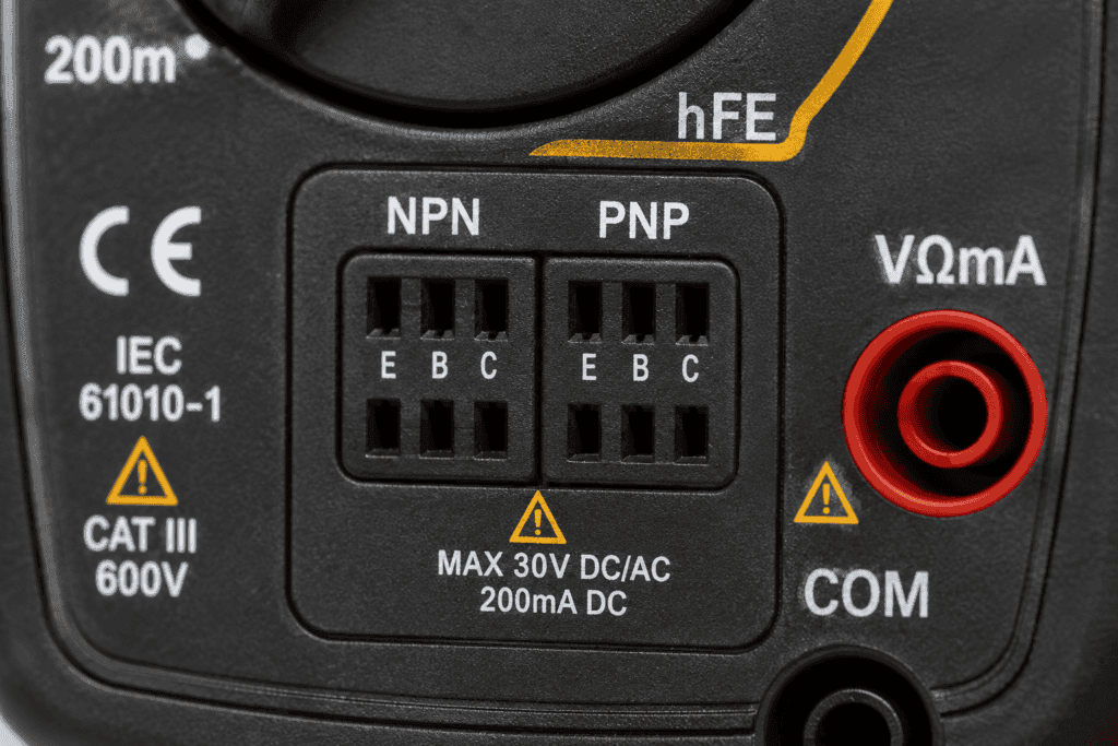Close-up of a digital multimeter HFE transistor test socket showing NPN and PNP slots labeled E (Emitter), B (Base), and C (Collector).