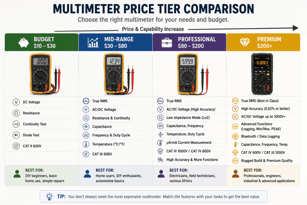 Multimeter price tier comparison chart showing budget, mid-range, professional, and premium categories with typical features, accuracy, and recommended users.