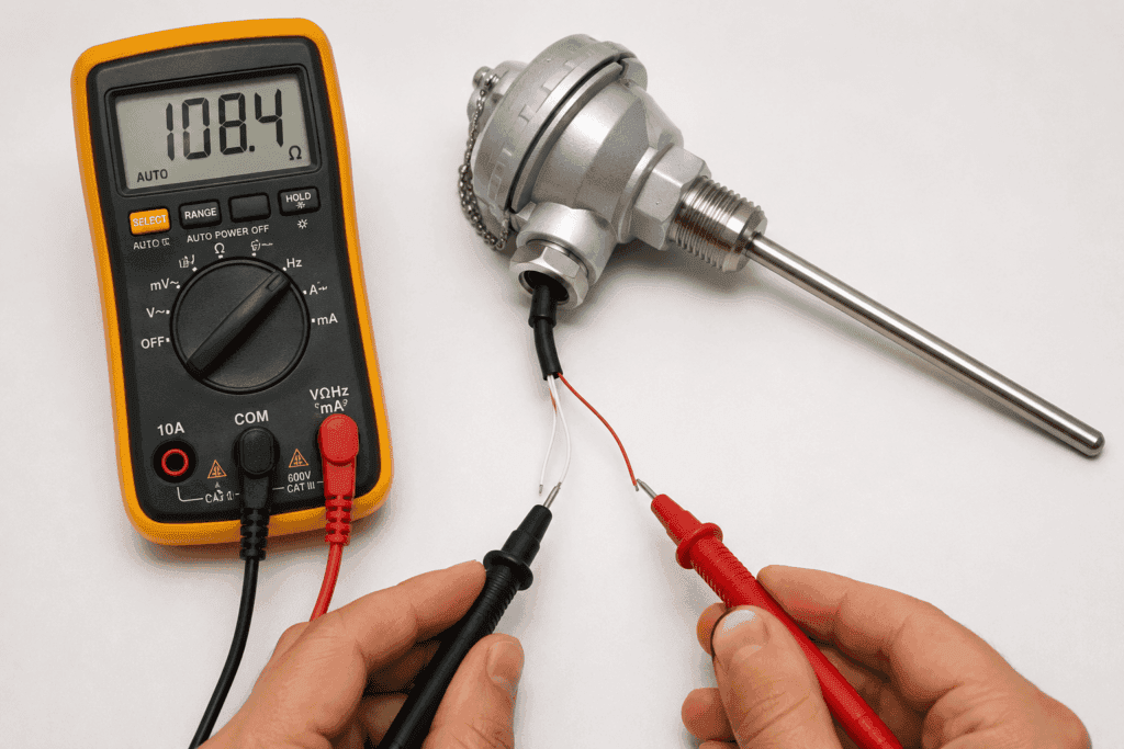 Digital multimeter probes connected to PT100 sensor lead wires to measure RTD resistance for temperature sensor testing and troubleshooting.