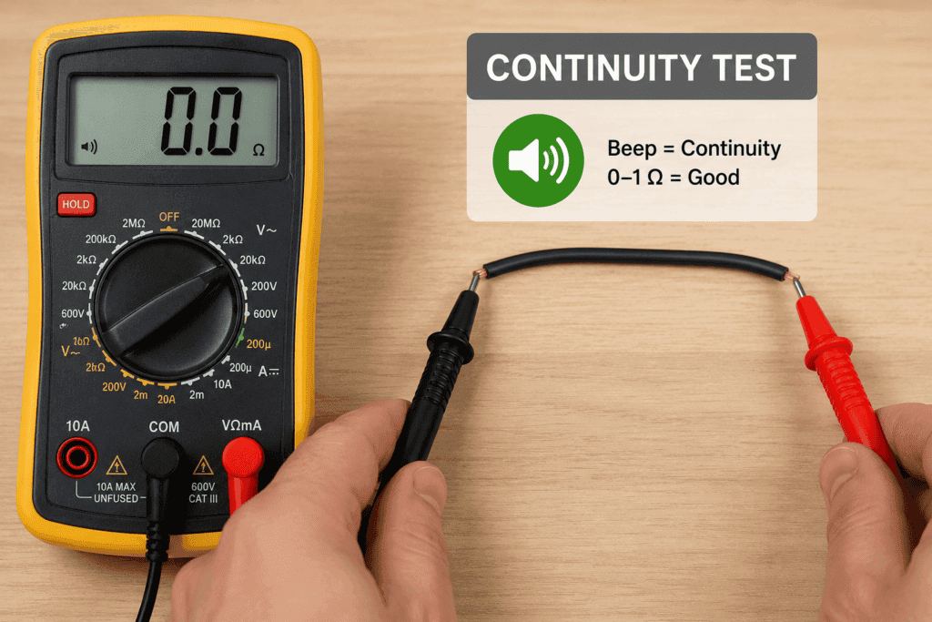 Digital multimeter probes touching each end of an electrical wire during a continuity test to check for a complete circuit.