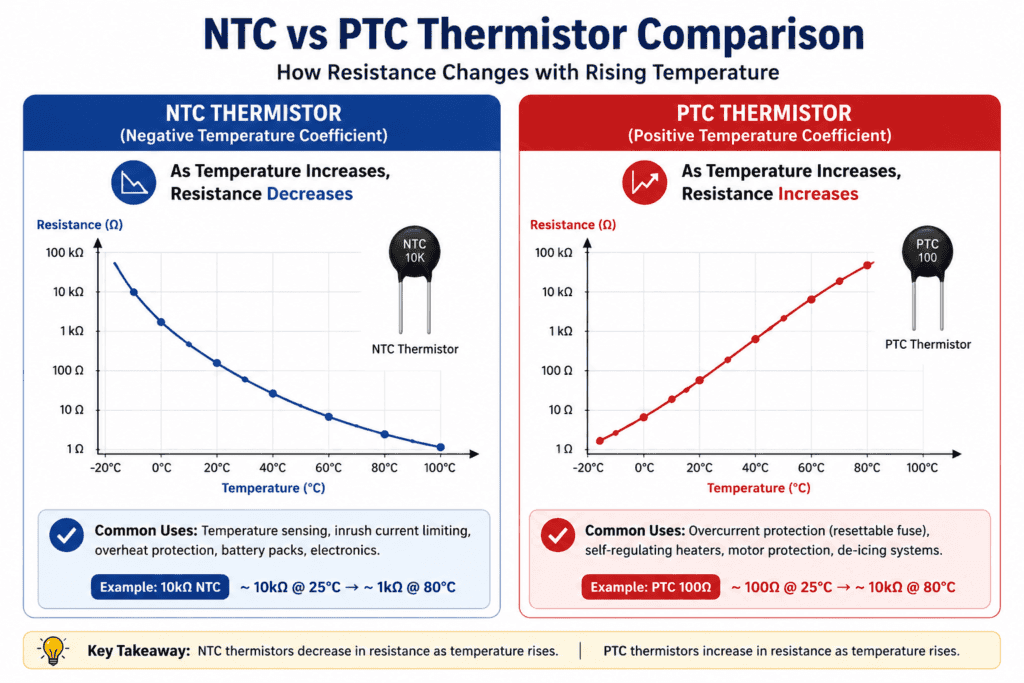 NTC and PTC thermistor comparison diagram showing how resistance changes with rising temperature, with NTC resistance decreasing and PTC resistance increasing.