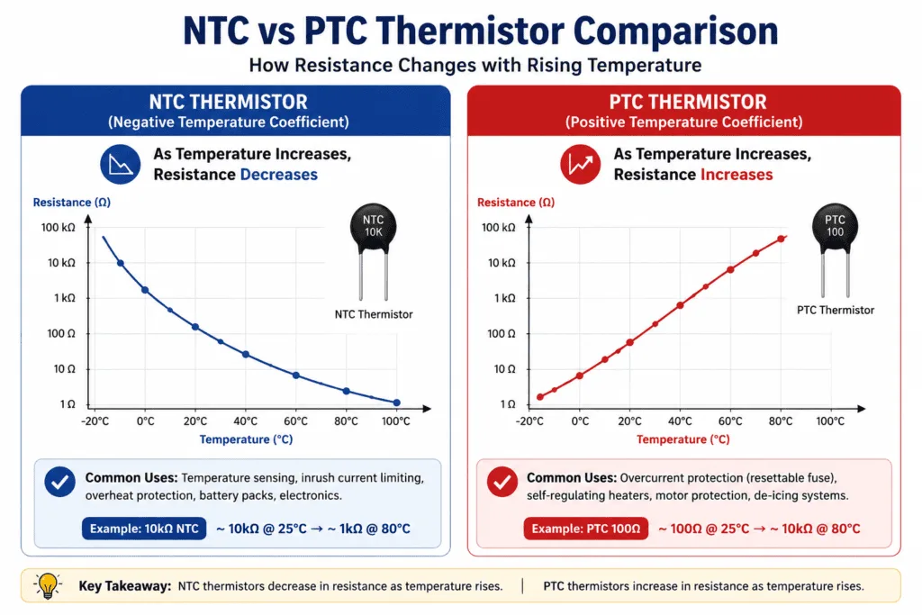 NTC and PTC thermistor comparison diagram showing how resistance changes with rising temperature, with NTC resistance decreasing and PTC resistance increasing.