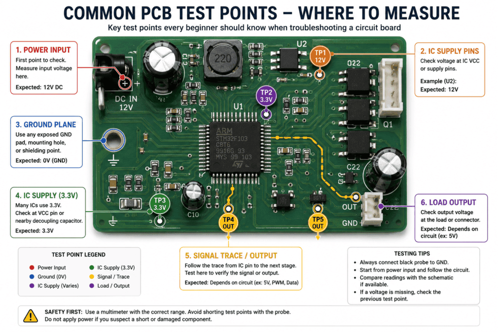 PCB test point diagram showing power input, ground plane, IC supply pins, and signal trace path for multimeter voltage and continuity testing on a circuit board.