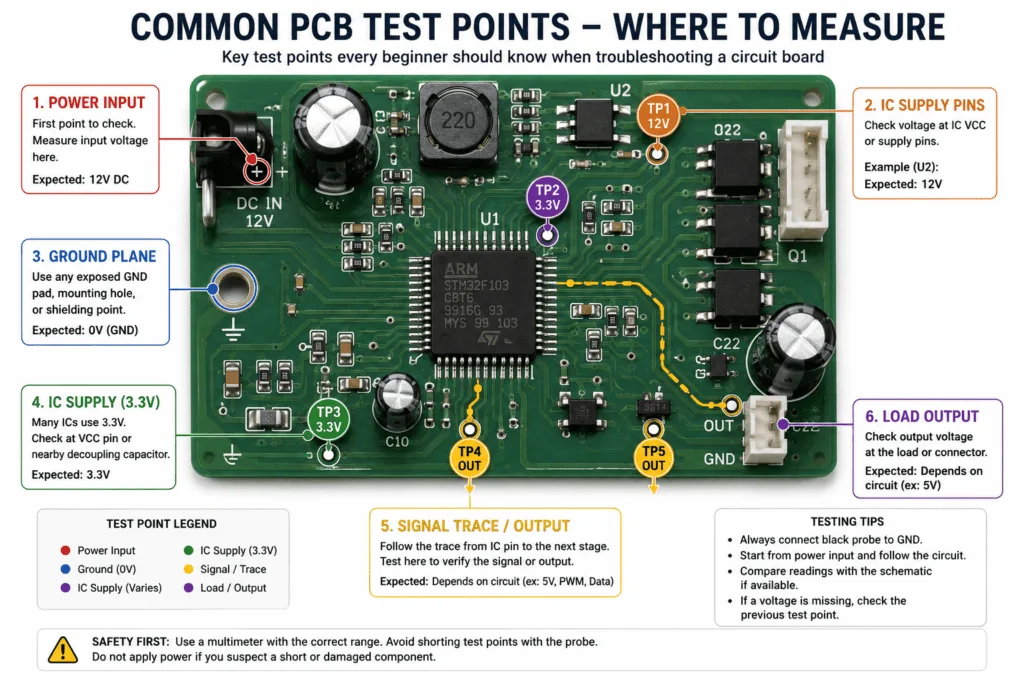 PCB test point diagram showing power input, ground plane, IC supply pins, and signal trace path for multimeter voltage and continuity testing on a circuit board.