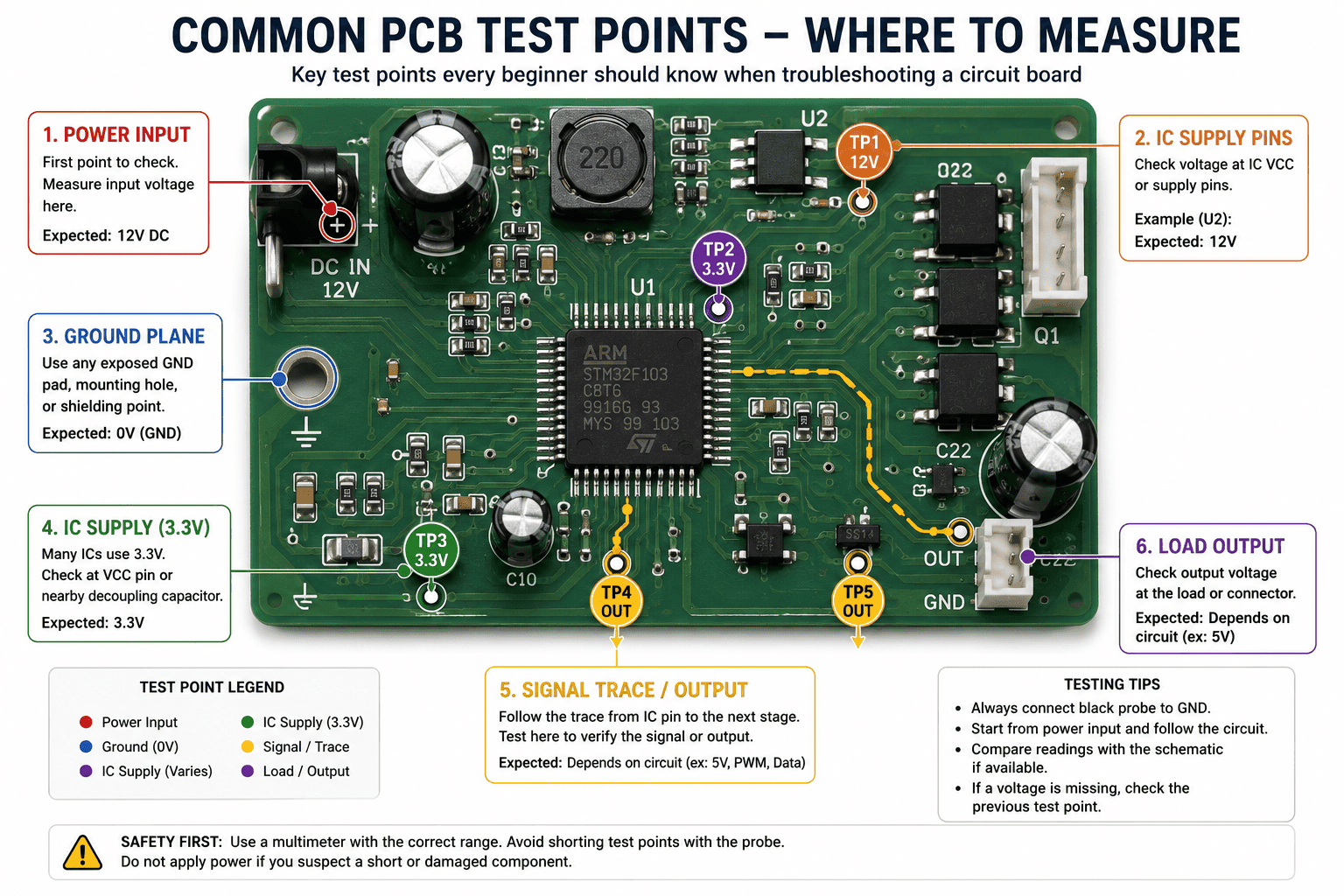 PCB test point diagram showing power input, ground plane, IC supply pins, and signal trace path for multimeter voltage and continuity testing on a circuit board.