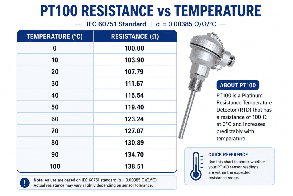 PT100 resistance temperature chart showing expected resistance values in ohms from 0°C to 100°C based on the IEC 60751 standard for RTD sensor testing and calibration.