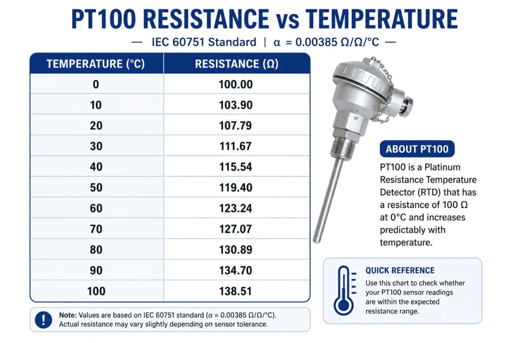PT100 resistance temperature chart showing expected resistance values in ohms from 0°C to 100°C based on the IEC 60751 standard for RTD sensor testing and calibration.
