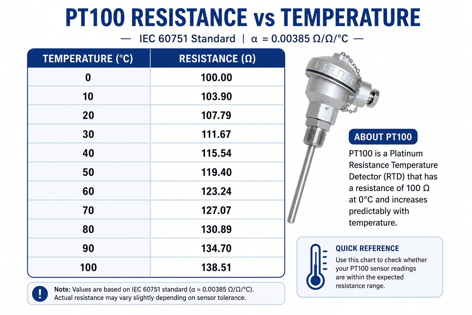 PT100 resistance temperature chart showing expected resistance values in ohms from 0°C to 100°C based on the IEC 60751 standard for RTD sensor testing and calibration.