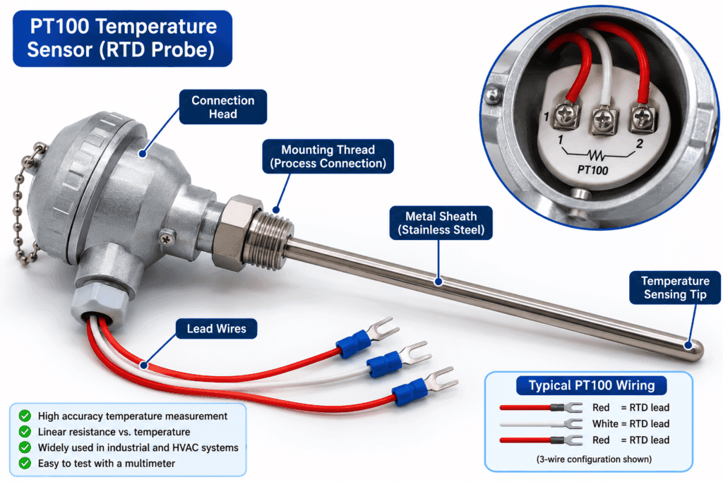 PT100 temperature sensor probe with stainless steel metal sheath, connection head, and lead wires used for RTD resistance temperature measurement and multimeter testing.