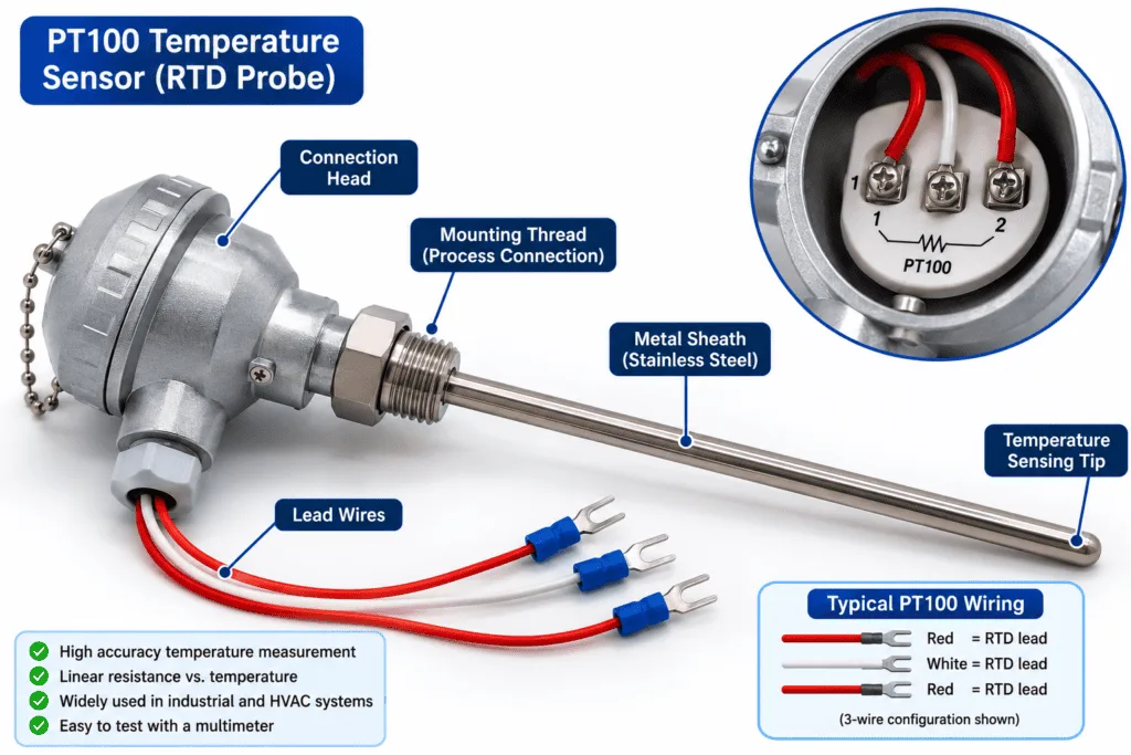 PT100 temperature sensor probe with stainless steel metal sheath, connection head, and lead wires used for RTD resistance temperature measurement and multimeter testing.