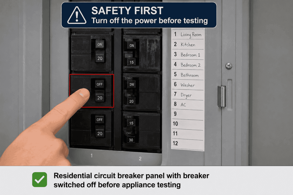 Open residential circuit breaker panel with one breaker switched to the OFF position before electrical appliance testing.