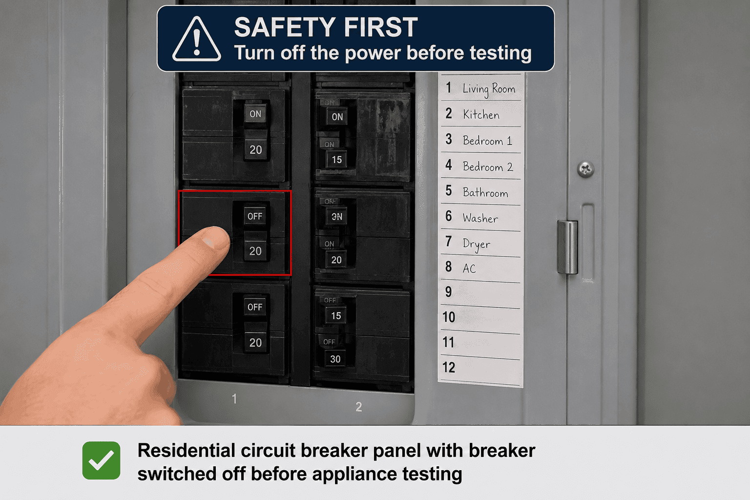 Open residential circuit breaker panel with one breaker switched to the OFF position before electrical appliance testing.