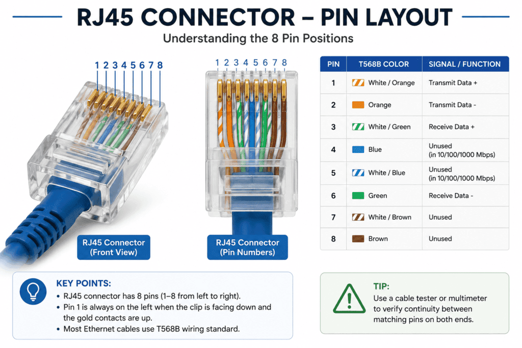 RJ45 Ethernet connector pinout diagram showing the eight pin positions numbered 1 through 8 for Ethernet cable testing.