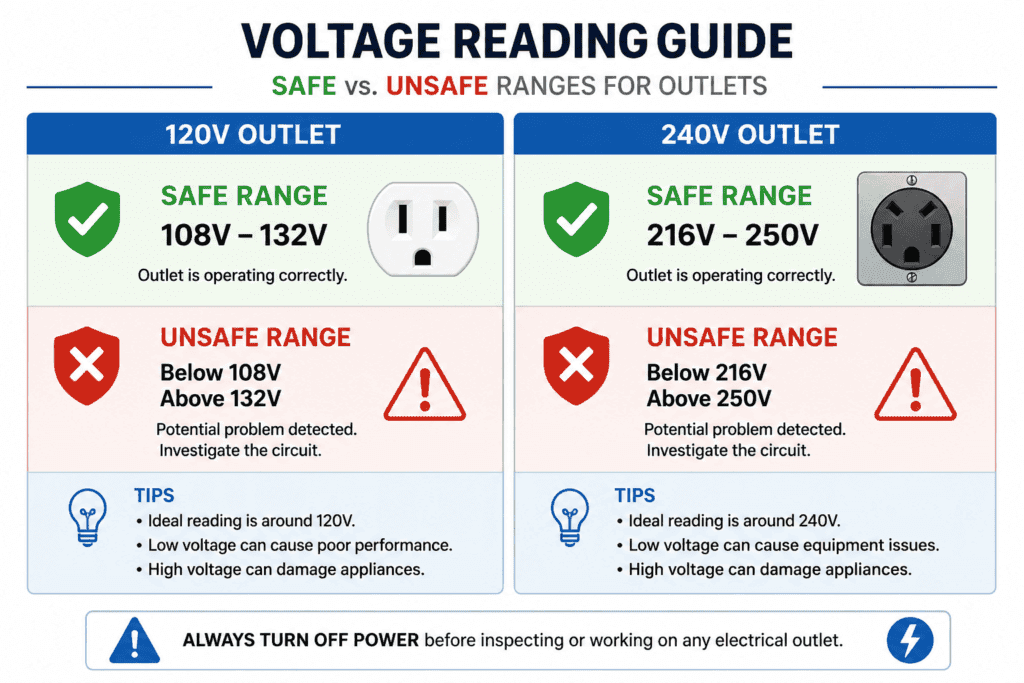 Voltage reading chart showing safe and unsafe voltage ranges for 120V and 240V electrical outlets, including normal operating values and warning thresholds.
