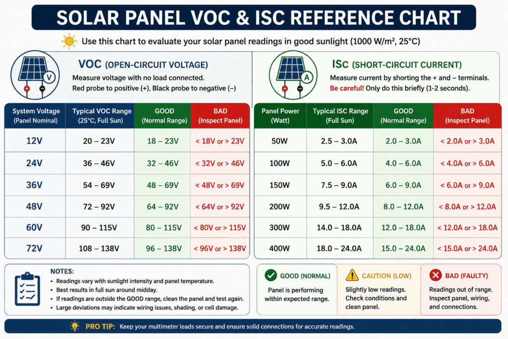 Solar panel VOC and ISC reference chart showing normal, low, and faulty voltage and current ranges with color-coded indicators for quick comparison.