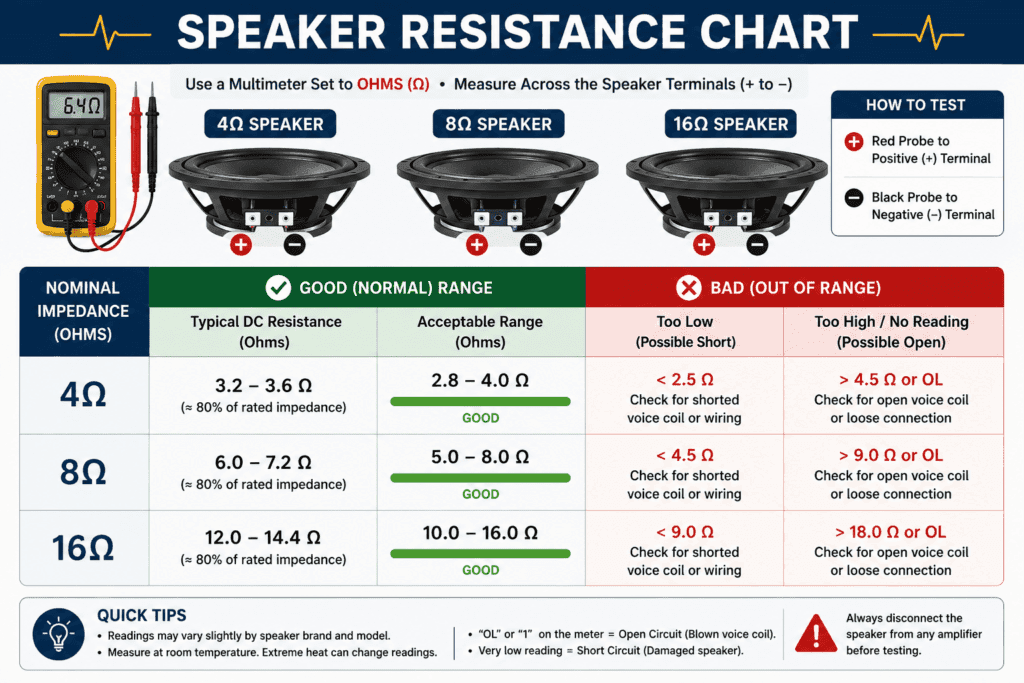 Speaker resistance chart showing expected DC resistance ranges for 4-ohm, 8-ohm, and 16-ohm speakers with normal and faulty reading ranges.