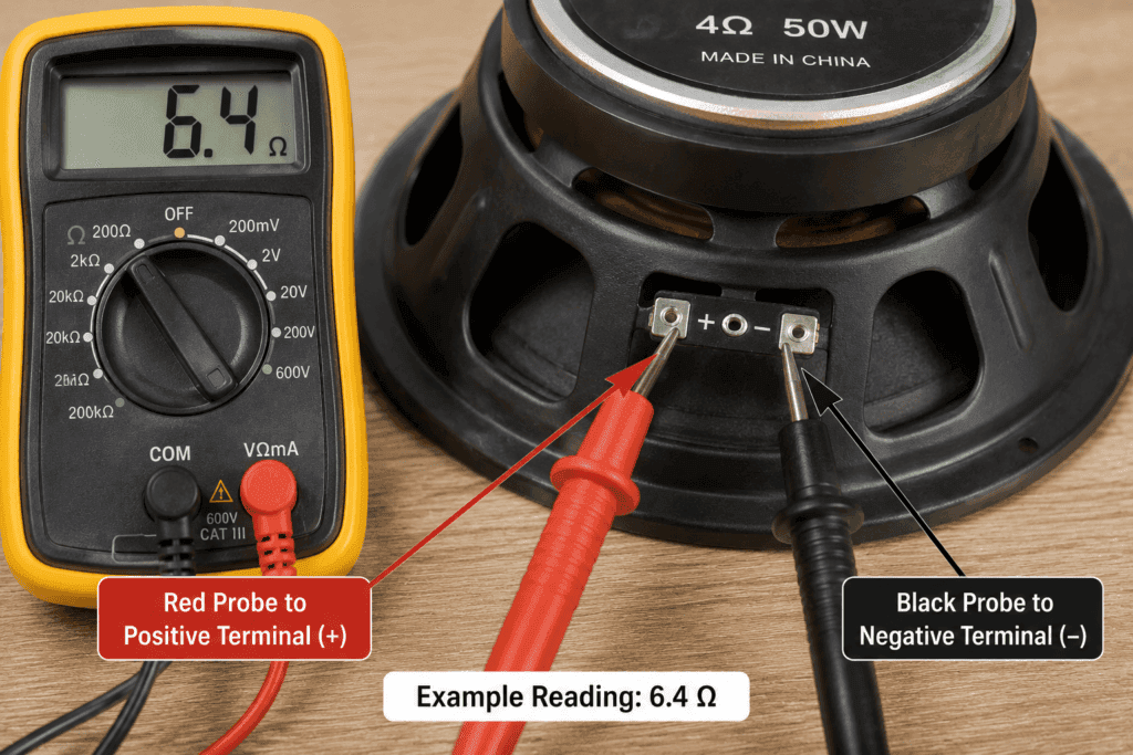 Digital multimeter red and black probes connected to the positive and negative speaker terminals while measuring speaker resistance in ohms.