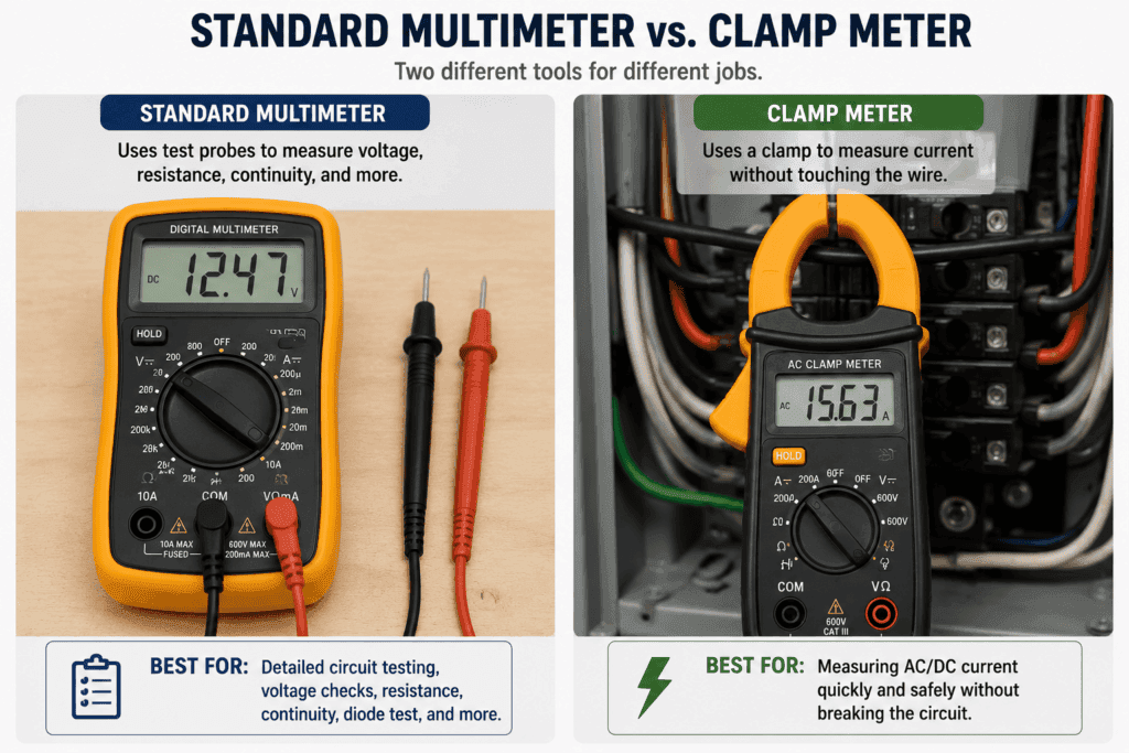 Side-by-side comparison of a standard digital multimeter with test probes and a clamp meter with its jaws clamped around a wire, showing the difference between voltage and current testing tools.