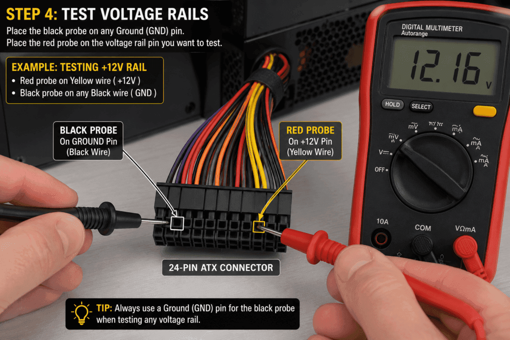 Digital multimeter testing a 24-pin ATX power supply connector with the red probe on the yellow 12V wire pin and the black probe on a ground pin.
