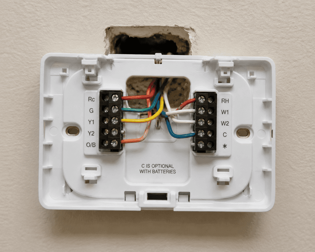 Wall thermostat removed to expose wiring terminals for multimeter testing and electrical troubleshooting.