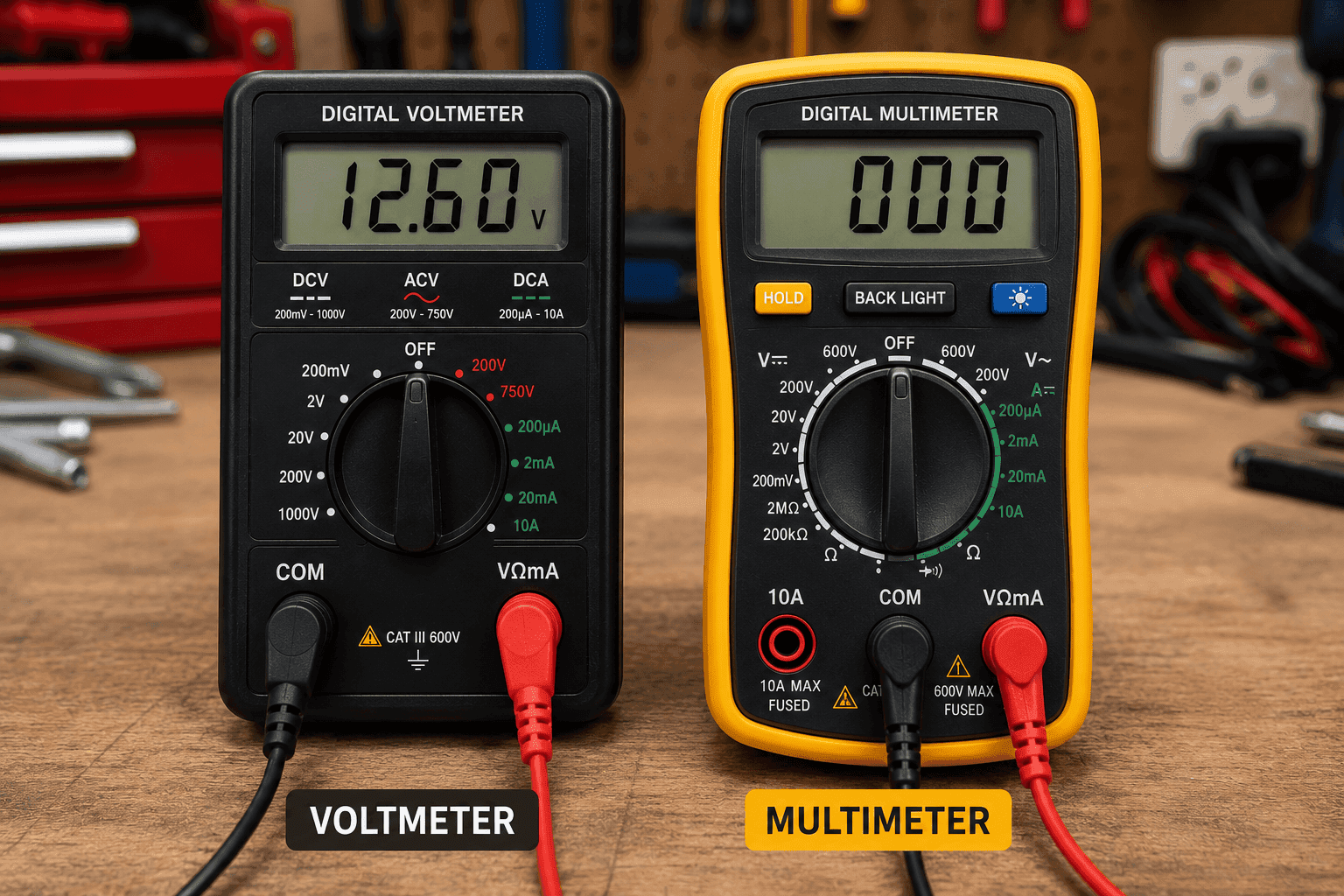 Side-by-side comparison of a digital voltmeter and a digital multimeter on a workbench showing the differences between the two electrical testing tools.