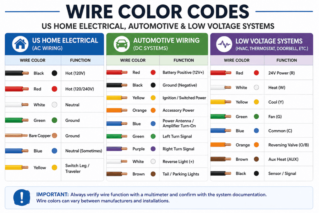 Wire color code chart showing standard wire colors for US home electrical wiring, automotive electrical systems, and low-voltage HVAC wiring.