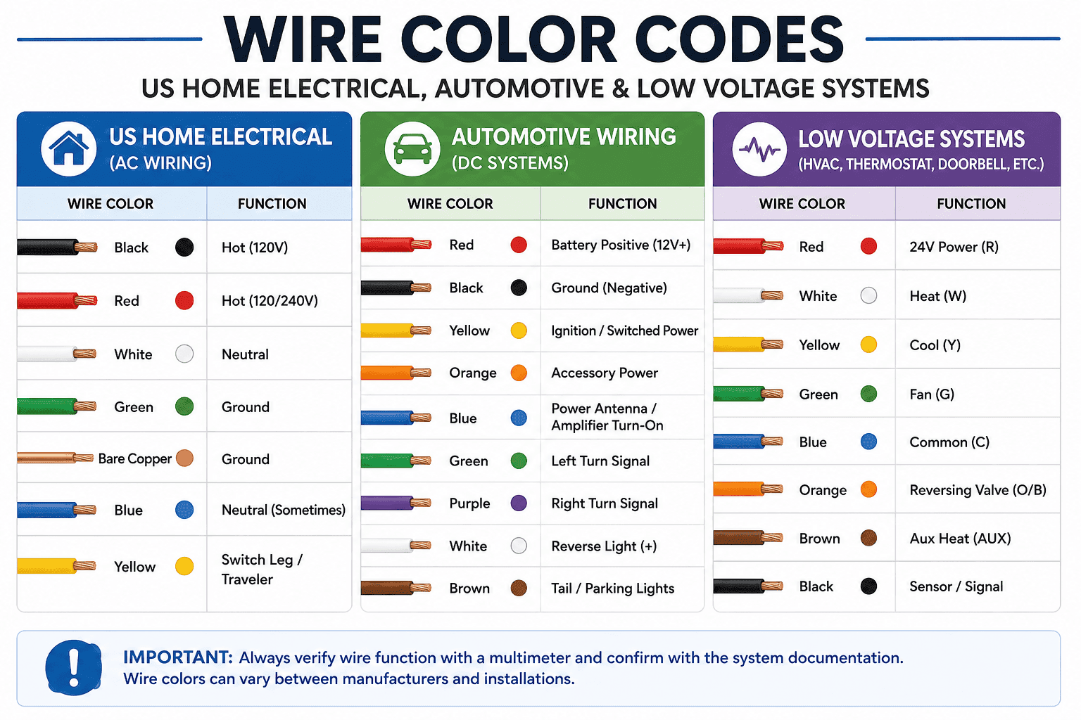 Wire color code chart showing standard wire colors for US home electrical wiring, automotive electrical systems, and low-voltage HVAC wiring.