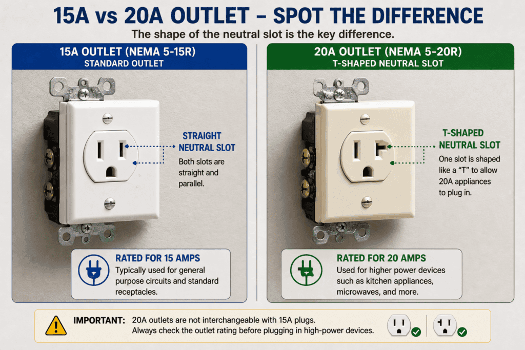 Side-by-side comparison of a 15A NEMA 5-15R outlet with straight slots and a 20A NEMA 5-20R outlet with a T-shaped neutral slot.
