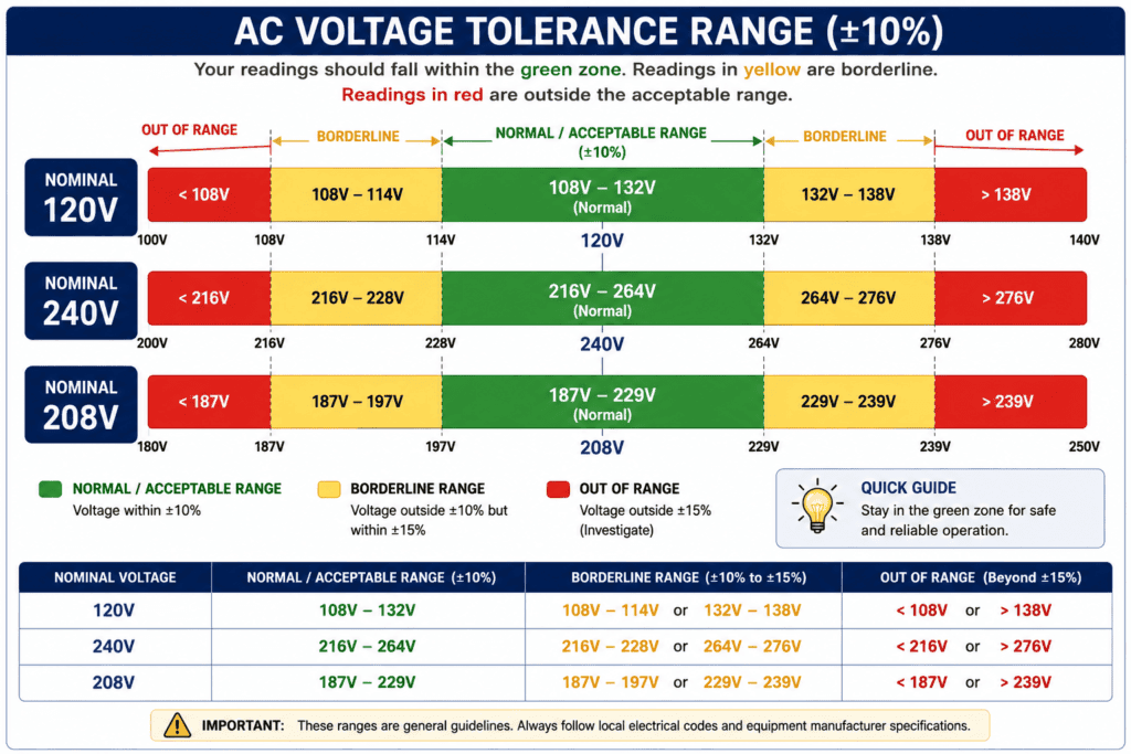 AC voltage tolerance chart showing acceptable voltage ranges for 120V, 208V, and 240V electrical supplies with color-coded normal, borderline, and out-of-range zones.
