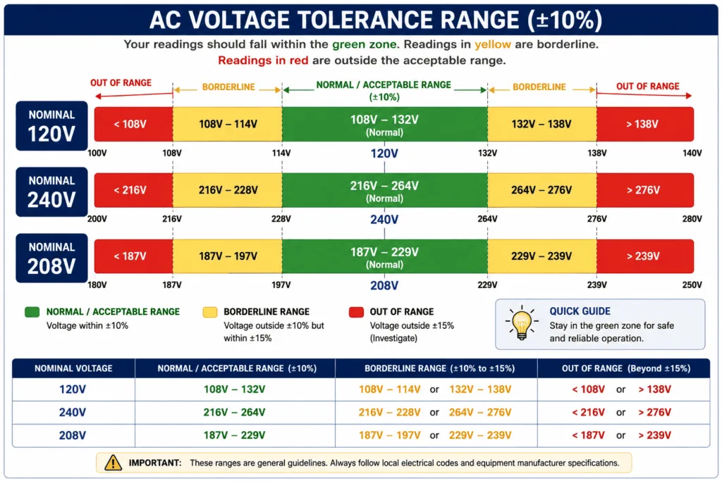 AC voltage tolerance chart showing acceptable voltage ranges for 120V, 208V, and 240V electrical supplies with color-coded normal, borderline, and out-of-range zones.